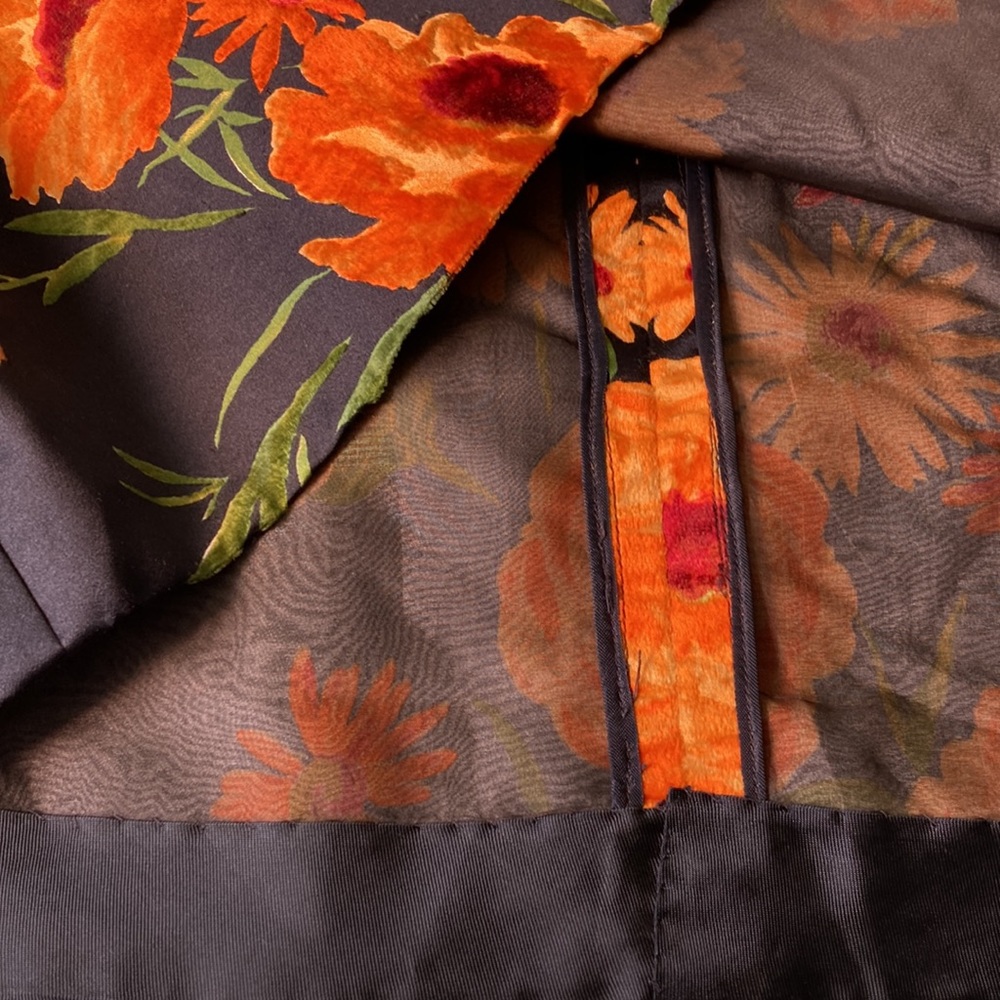 Vintage 60s 70s black satin vibrant floral flocked maxi skirt sz M EUC - Picture 3 of 9